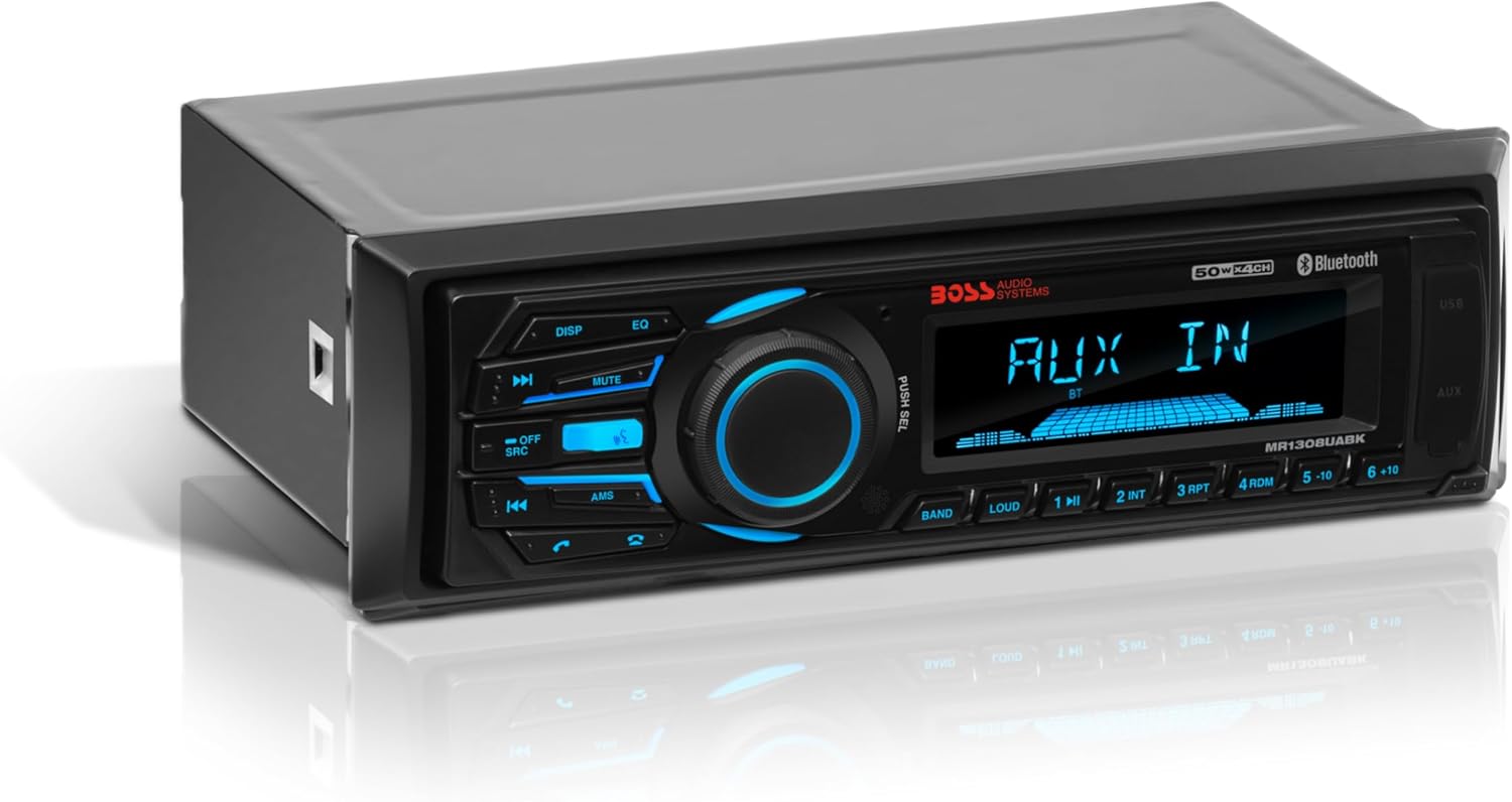 BOSS Audio Systems MR1308UABK Marine Boat Stereo – Single Din, Bluetooth, No CD DVD Player, AM/FM Radio Receiver, Aux-in
