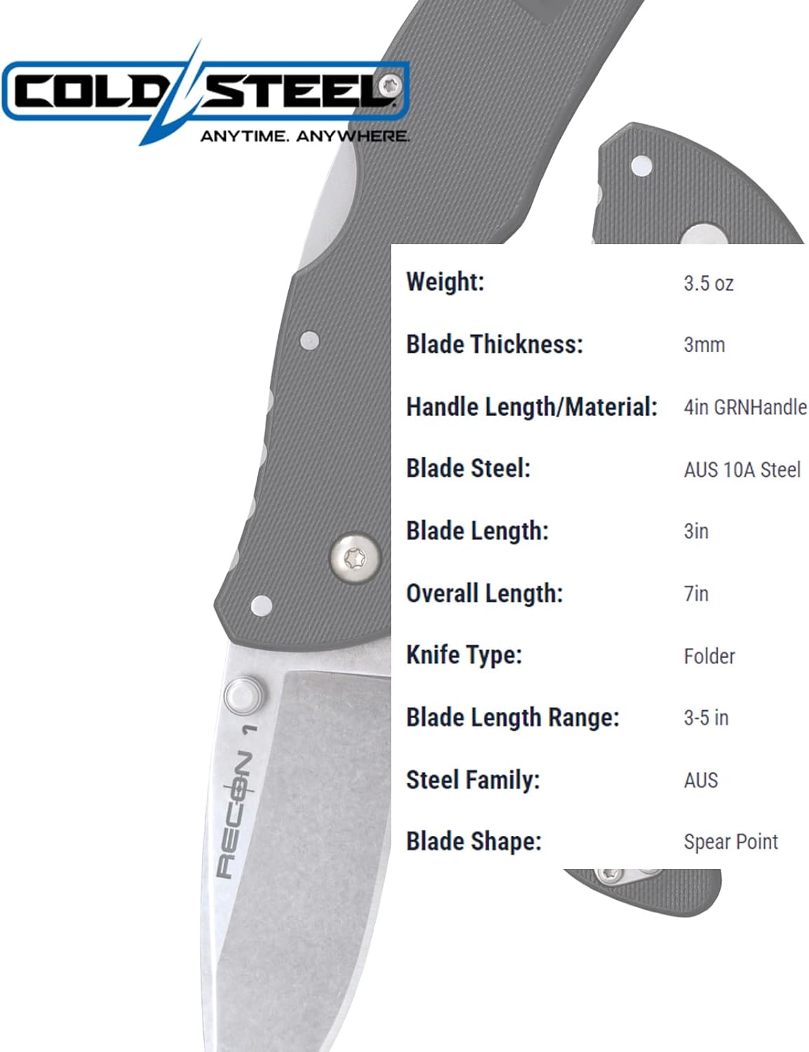 Cold Steel Mini Recon 1 3" AUS10A Folding Knife with 4" GFN Handle & Tri-Ad Lock