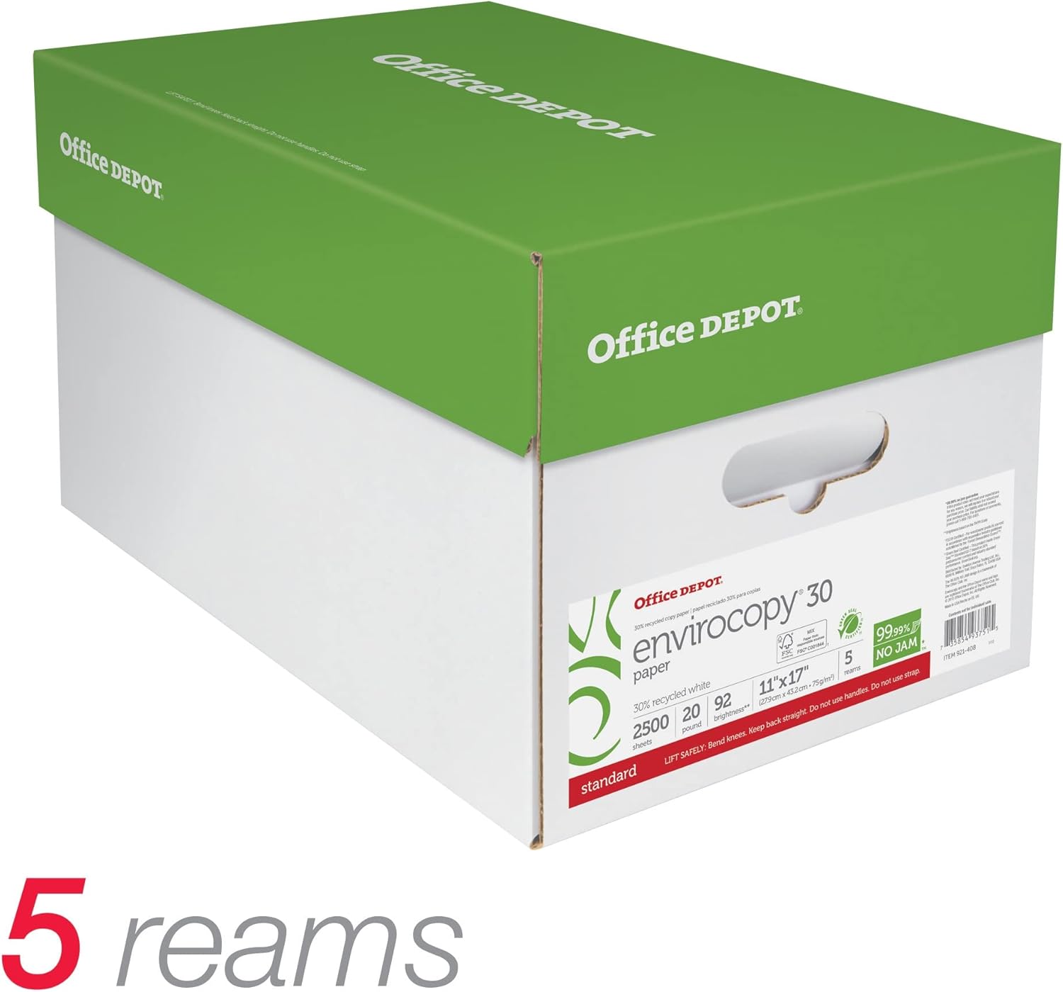 Office Depot EnviroCopy Copy Paper, 5 Reams, White, Ledger (11in x 17in), 2500 Sheets Per Case, 20 Lb, 30% Recycled