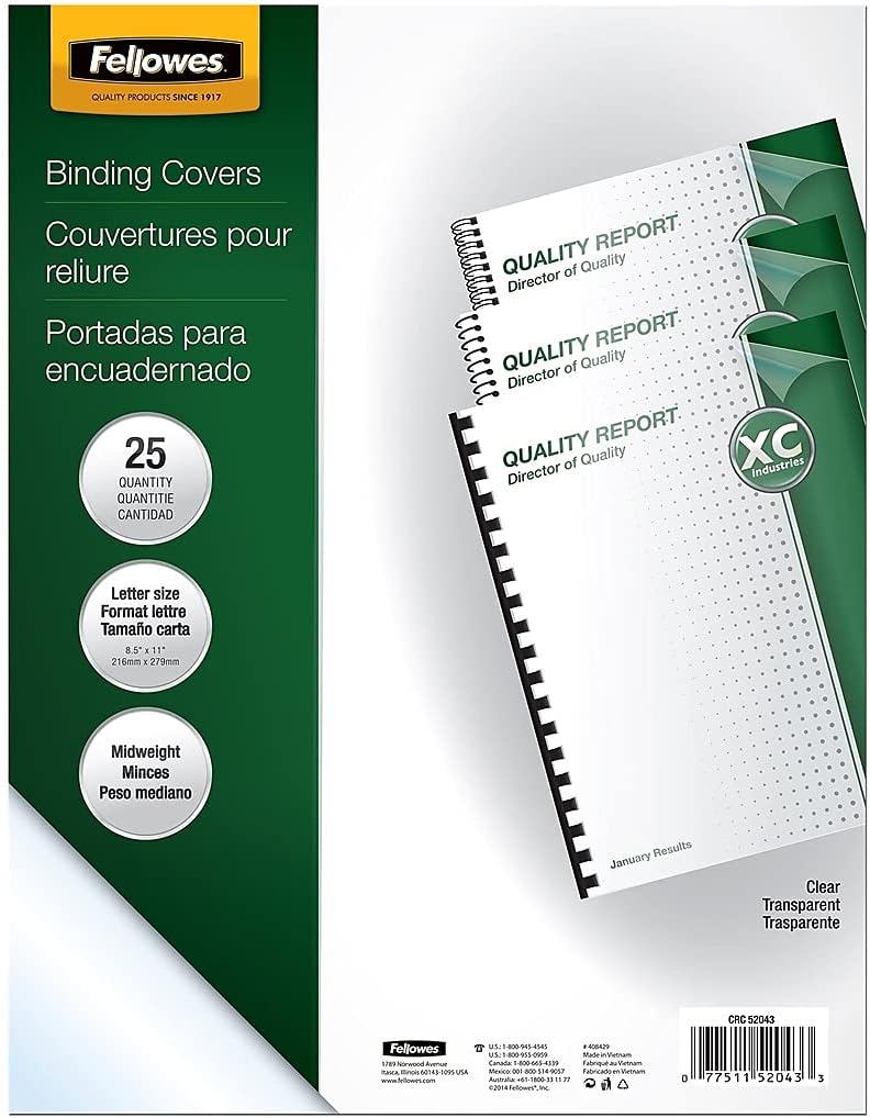Fellowes Crystals Clear PVC Binding Covers, 8mil Letter, 200 Pack (5204303)