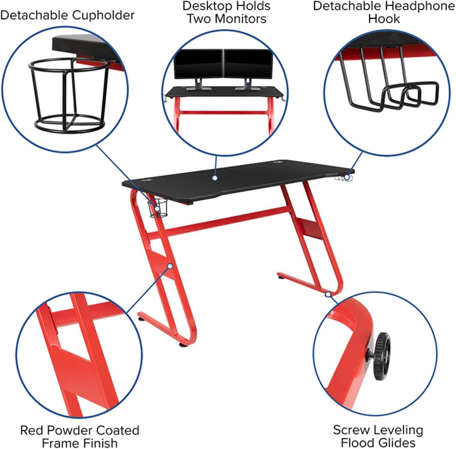 Flash Furniture 52inW Ergonomic PC Gaming Computer Desk With Cup Holder And Headphone Hook, Black/Red