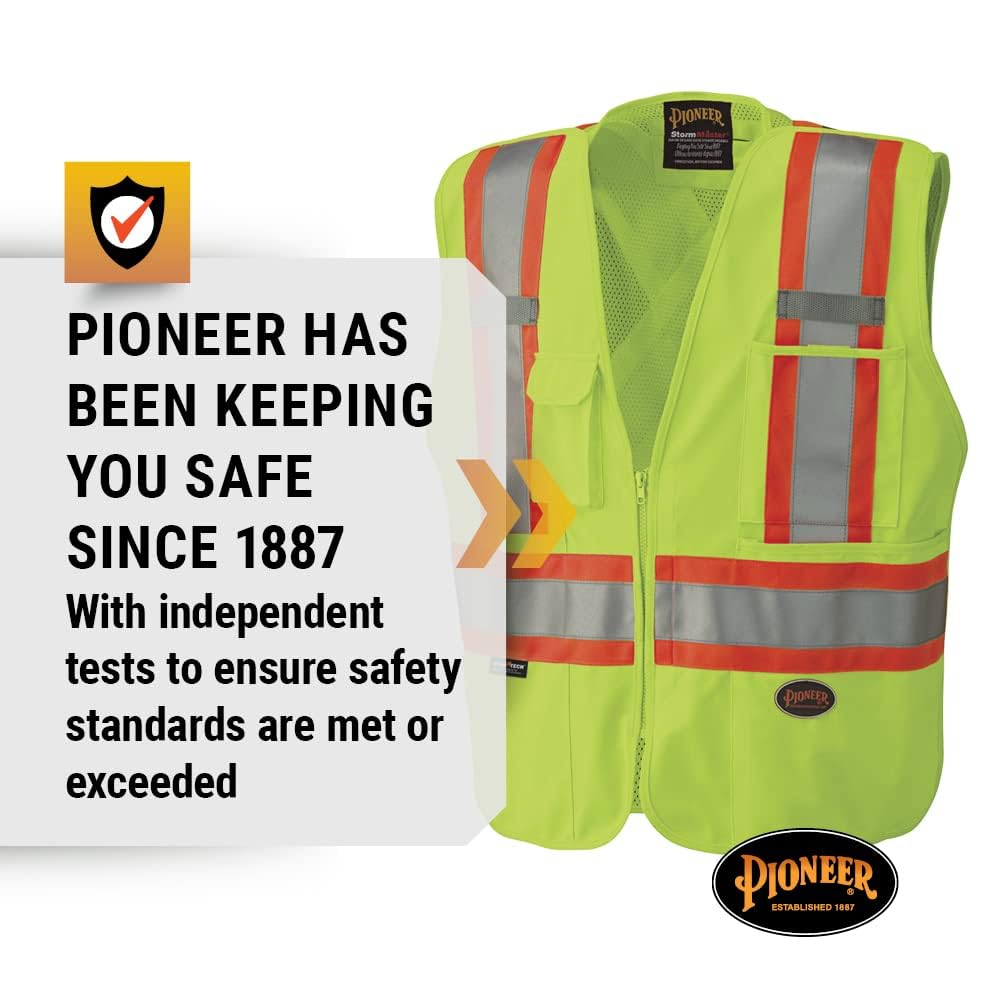 Pioneer Hi Vis Tear-Away Mesh Back Safety Vest - Reflective Tape, 4 Pockets