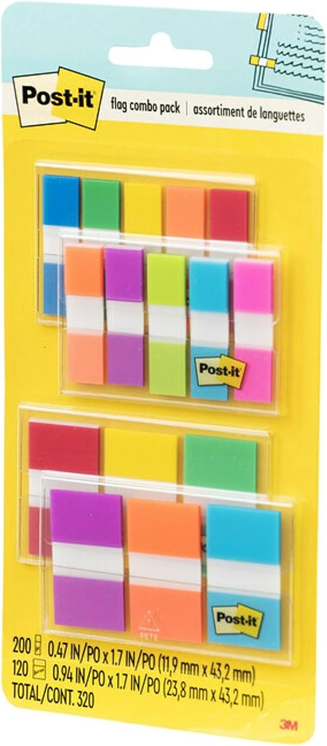Post-it Flags Combo Pack, 4 On-The-Go Dispensers/Pack, 120 .94 in Wide and 200 .47 in Wide Flags