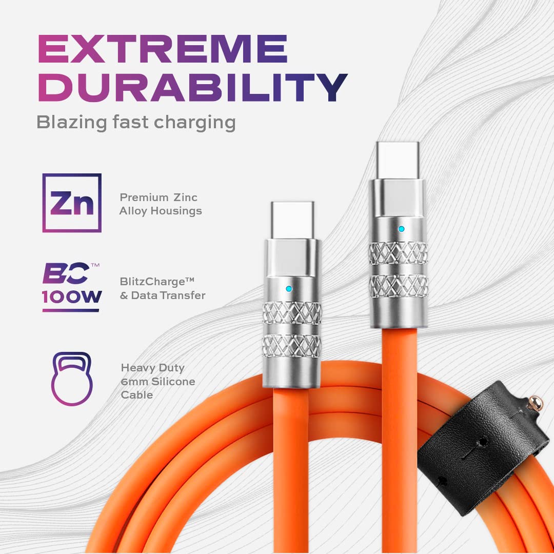 STATIK TSumoCharge 100W USB-C to USB-C Charging Cable, Heavy-Duty Silicone, 6 ft