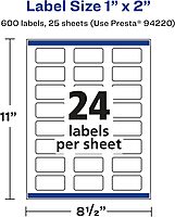 Avery Glossy Clear Rectangle Labels, Sure Feed Technology, 1" x 2", Laser/Inkjet Printable