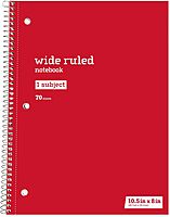 Just Basics® Spiral Notebook, 7 1/2" x 10 1/2", Wide Ruled, 140 Pages (70 Sheets), Red