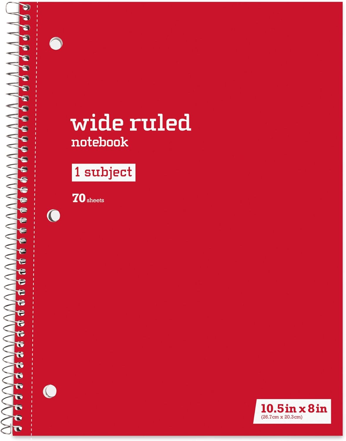 Just Basics® Spiral Notebook, 7 1/2" x 10 1/2", Wide Ruled, 140 Pages (70 Sheets), Red