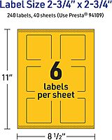 AVERY Printable Bright Yellow Square Labels, Sure Feed Technology, 2.75 x 2.75, Print-to-The-Edge, Laser/Inkjet
