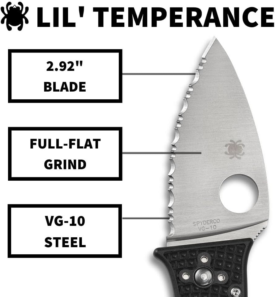 Spyderco Lil' Temperance 3 Lightweight Pocket Knife - SpyderEdge VG-10 Steel Blade with Bi-Directional Textured FRN Handle