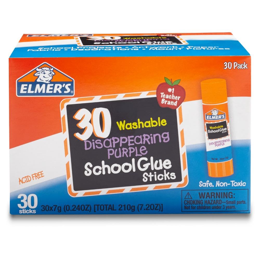 Elmer's Disappearing Purple School Glue Sticks Washable 7 Grams 30 Count Standard Stick 30 Count, 7g sticks