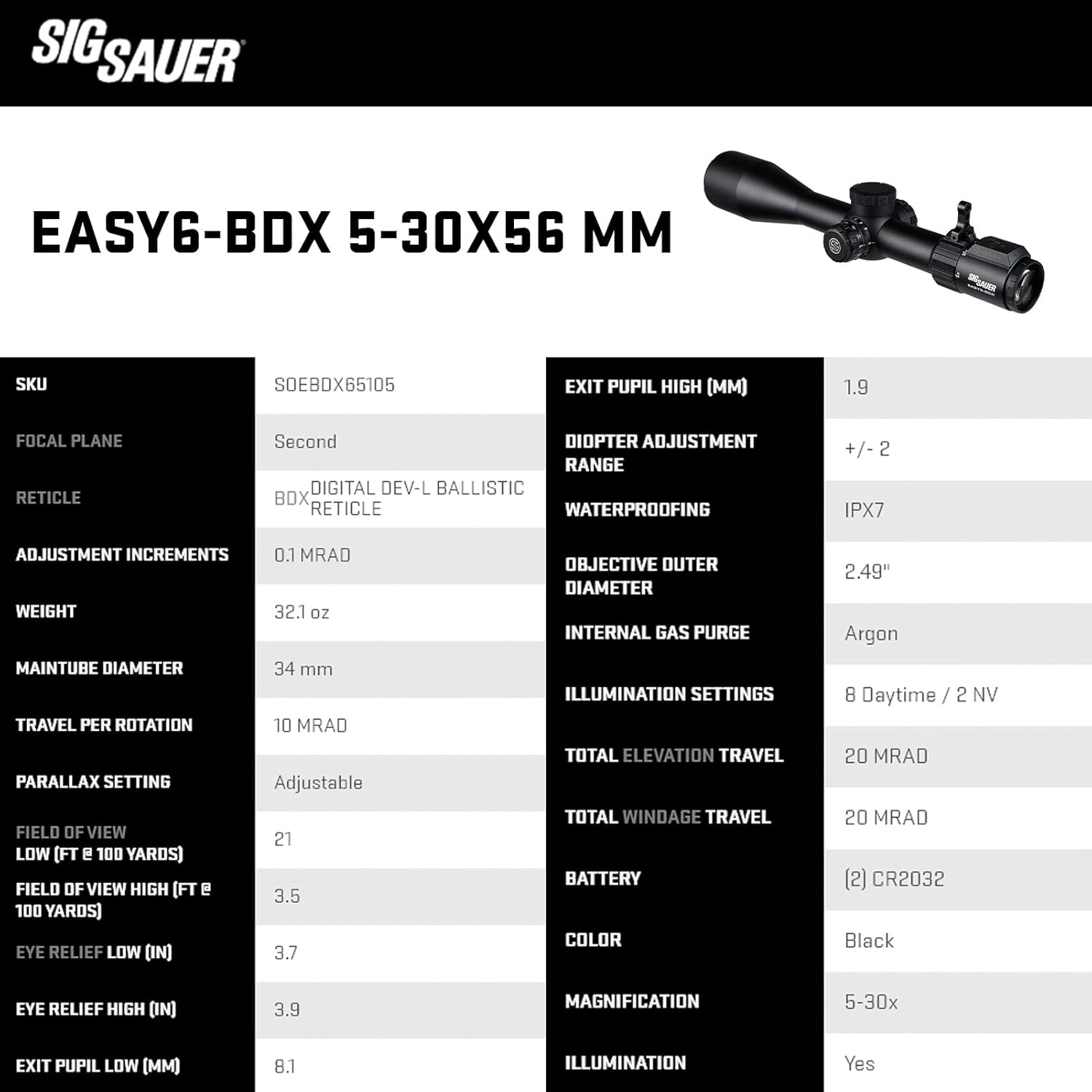 SIG SAUER EASY6-BDX Riflescope with Integrated BDX Ballistic Data Xchange | Compact Lightweight Waterproof Rifle Scope