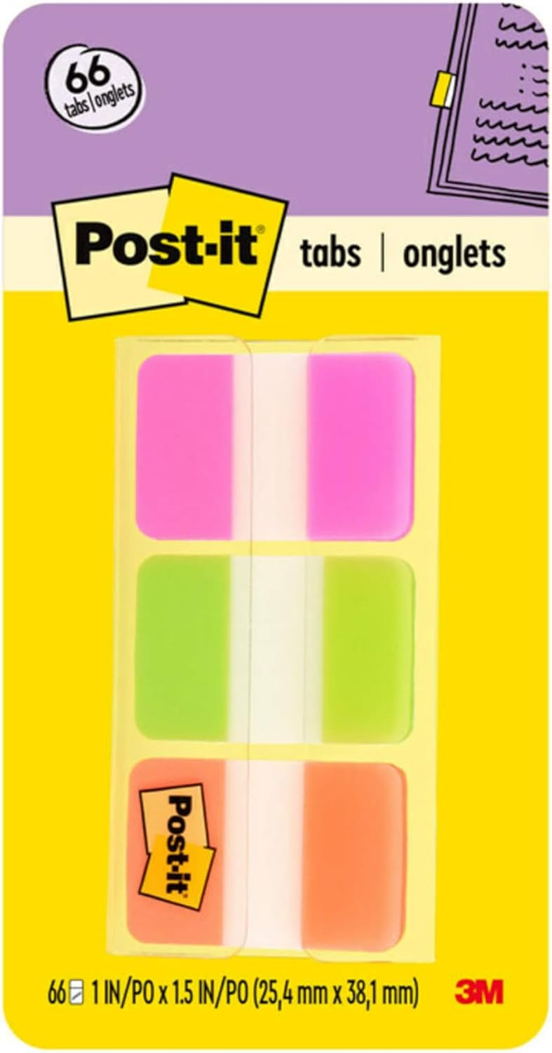Post-it Tabs, 22/Color, 66/Dispenser, 1 in Wide, Pink, Green, Orange (686-PGO) Assorted 0.4" x 2.8" Tabs