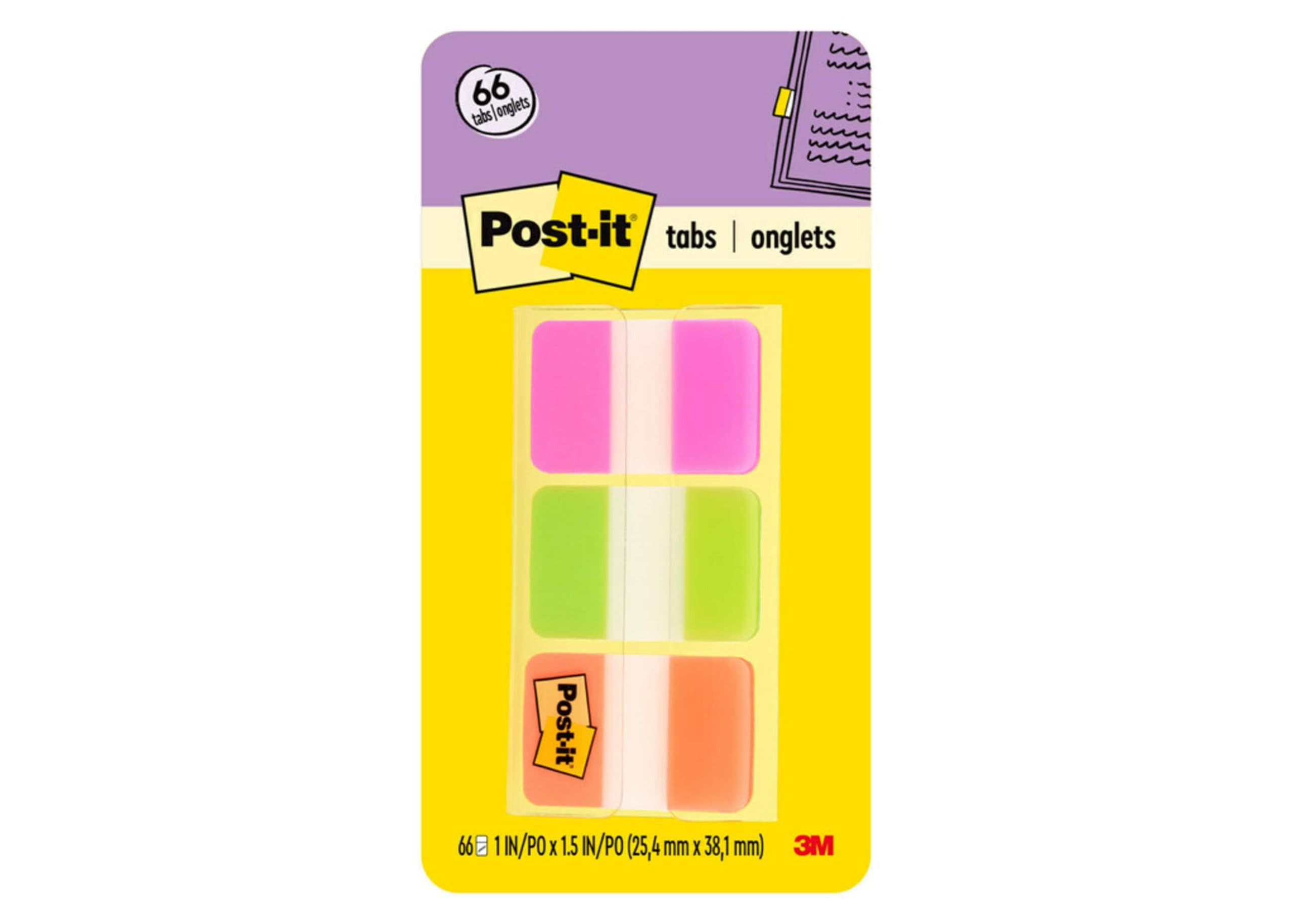 Post-it Tabs, 22/Color, 66/Dispenser, 1 in Wide, Pink, Green, Orange (686-PGO) Assorted 0.4" x 2.8" Tabs