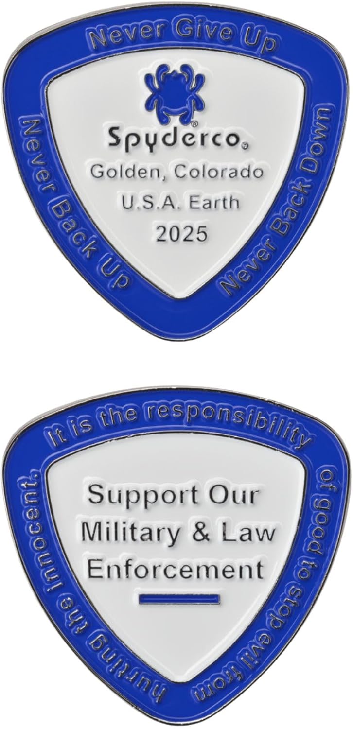 Spyderco 2025 Commemorative SpyderCoin - Reuleaux Triangle Shape, Blue & White Enamel, Honors Law Enforcement & Military