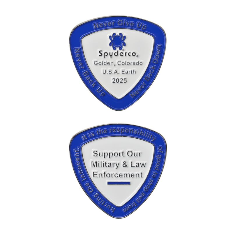 Spyderco 2025 Commemorative SpyderCoin - Reuleaux Triangle Shape, Blue & White Enamel, Honors Law Enforcement & Military