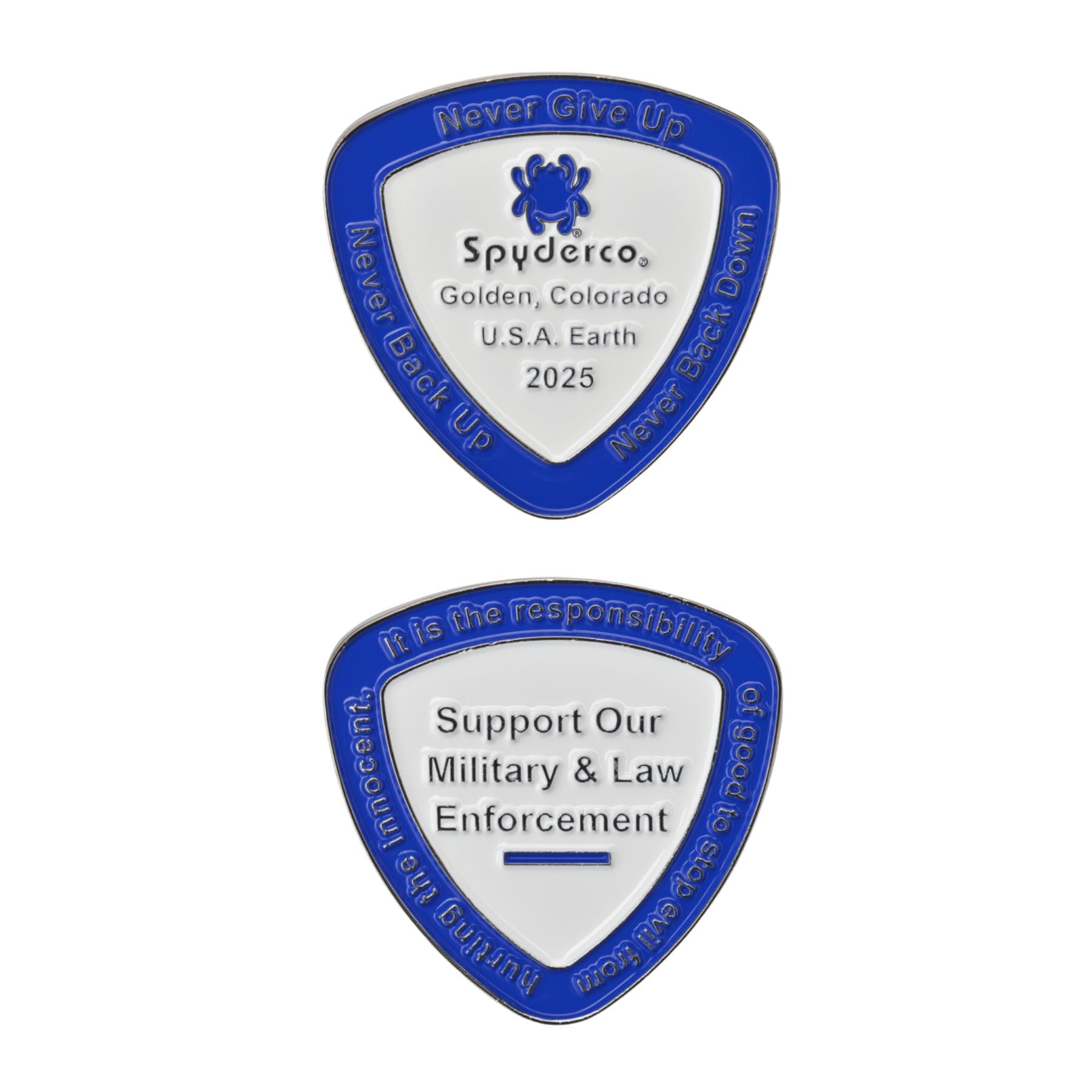 Spyderco 2025 Commemorative SpyderCoin - Reuleaux Triangle Shape, Blue & White Enamel, Honors Law Enforcement & Military
