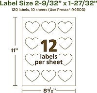 Avery EcoFriendly Matte White Recycled Heart Labels, 2-9/32" x 1-27/32", Print-to-The-Edge, Matte White Labels, Permanent Adhesive, Laser/Inkjet Printable, 120 Total 120 labels