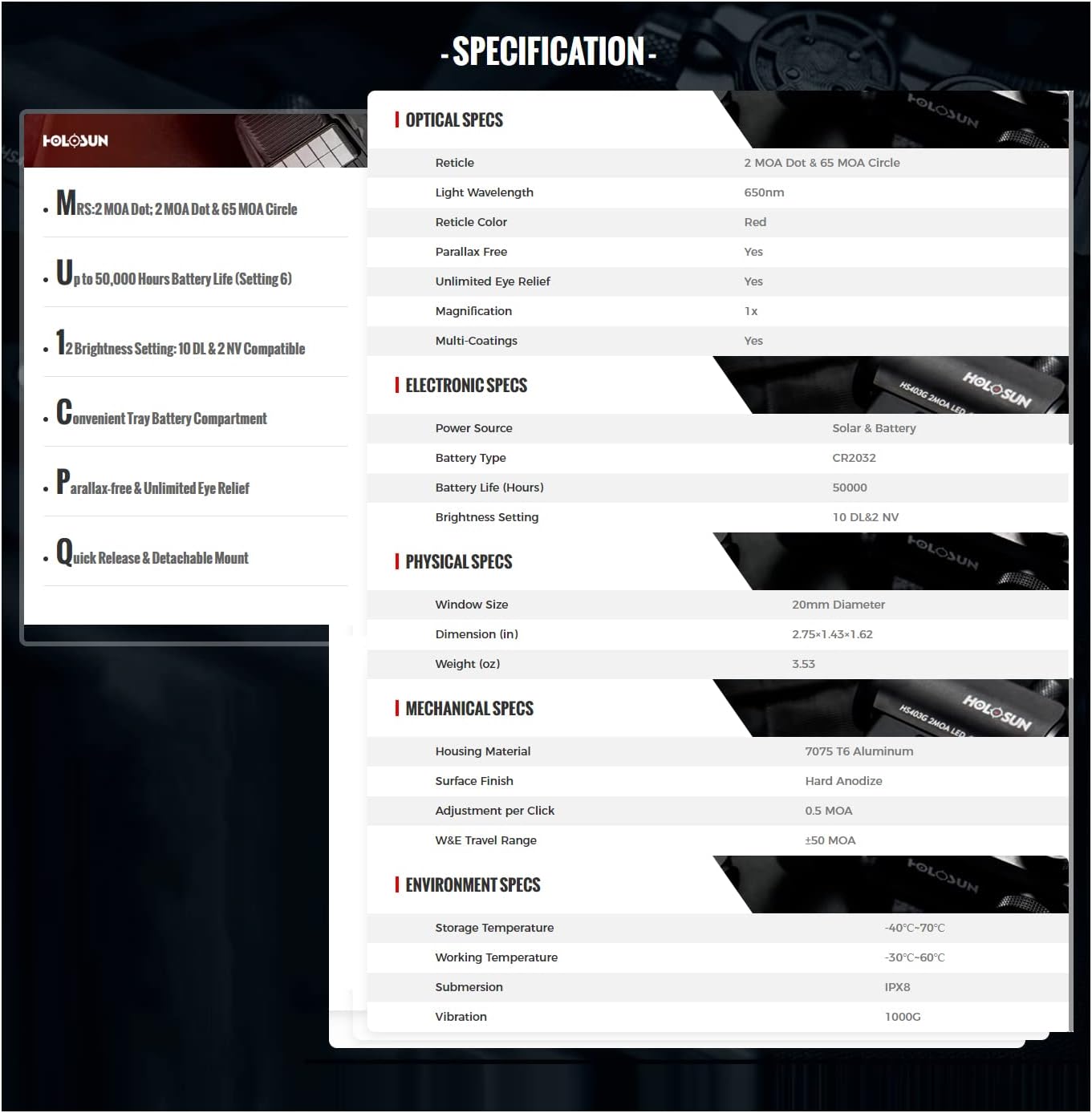 HOLOSUN HS515CM / HE515CM-GR 2 MOA Dot & 65 MOA Circle Micro Sight for Rifle