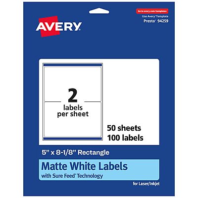 Avery Matte White Rectangle Labels, Sure Feed Technology, 5" x 8-1/8"