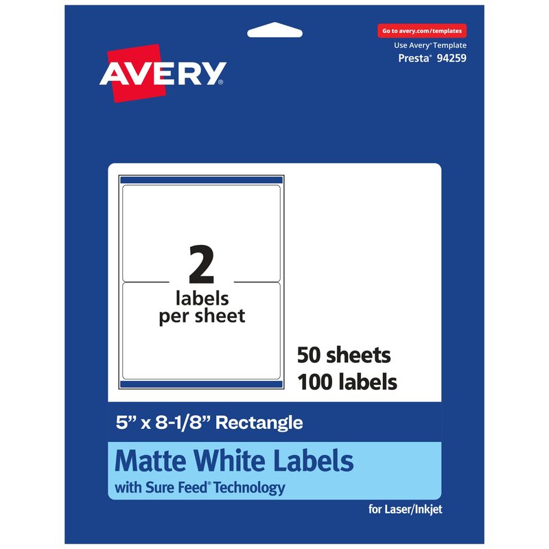 Avery Matte White Rectangle Labels, Sure Feed Technology, 5" x 8-1/8"