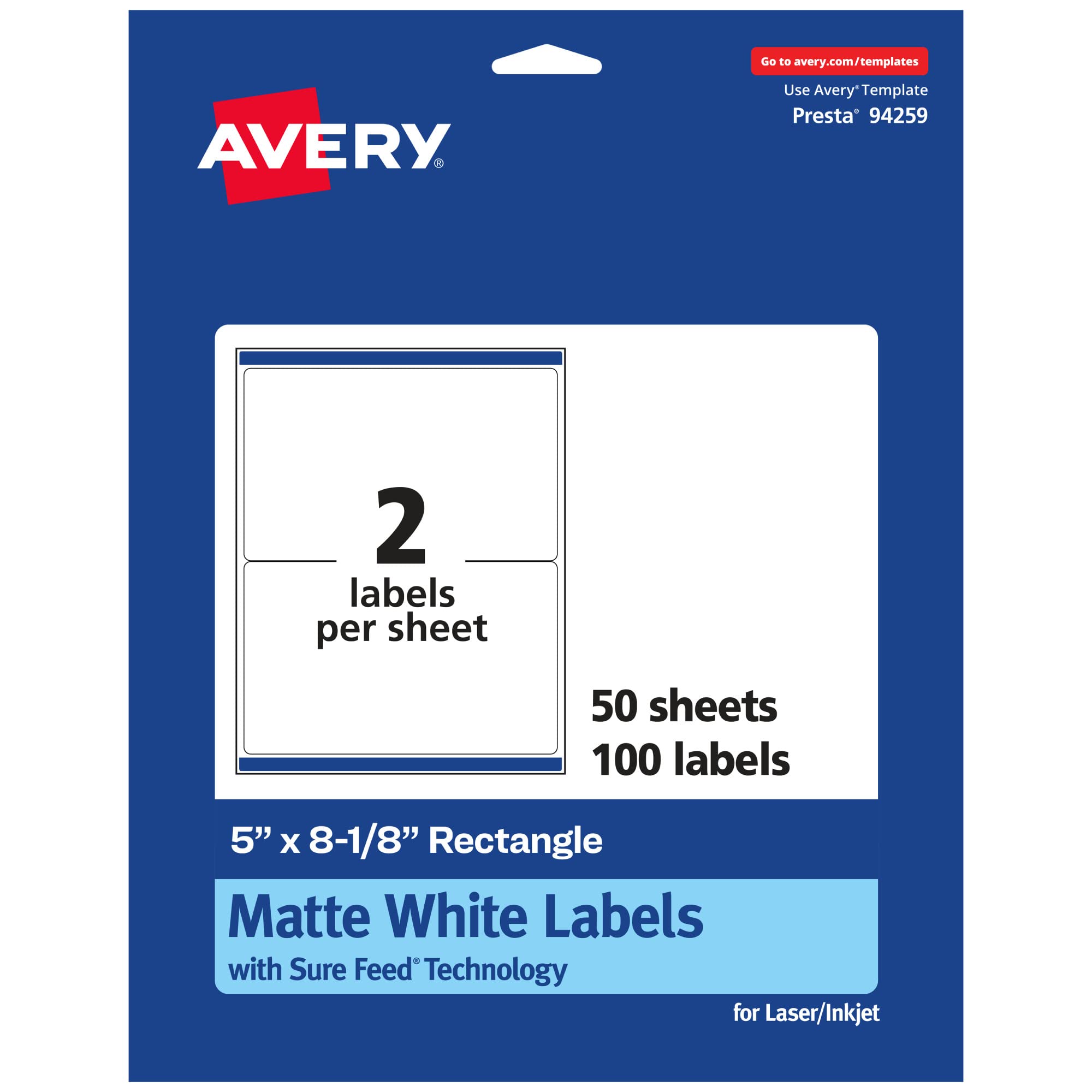 Avery Matte White Rectangle Labels, Sure Feed Technology, 5" x 8-1/8"