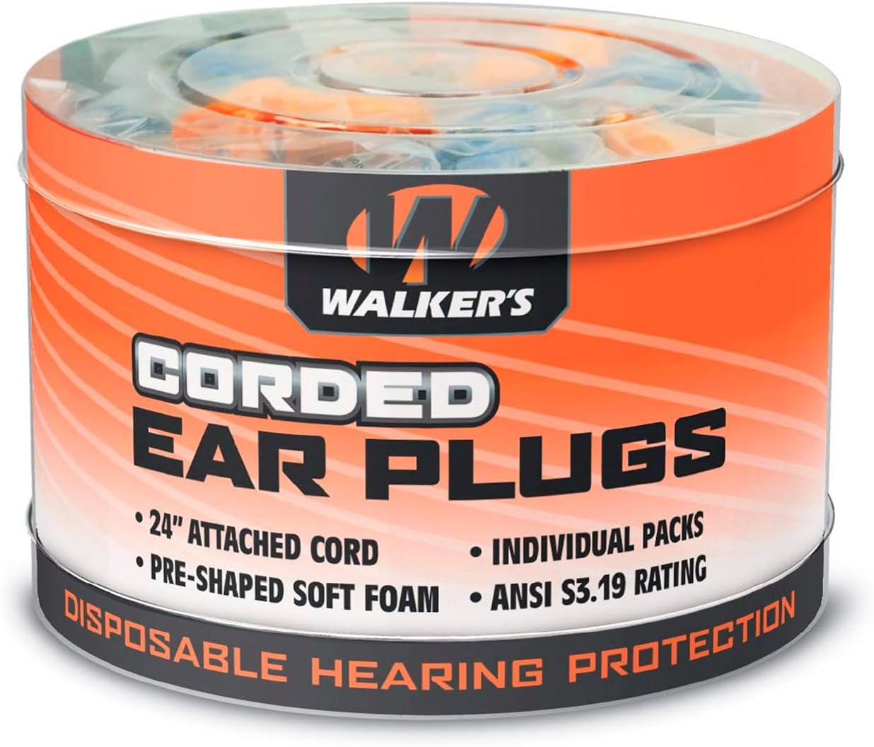 Walker's Corded Foam Earplugs 50 Pair Jar Dispenser Tub 32dB NRR Noise-Blocking ANSI S3.19 Hearing Protection Shooting