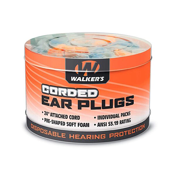 Walker's Corded Foam Earplugs 50 Pair Jar Dispenser Tub 32dB NRR Noise-Blocking ANSI S3.19 Hearing Protection Shooting