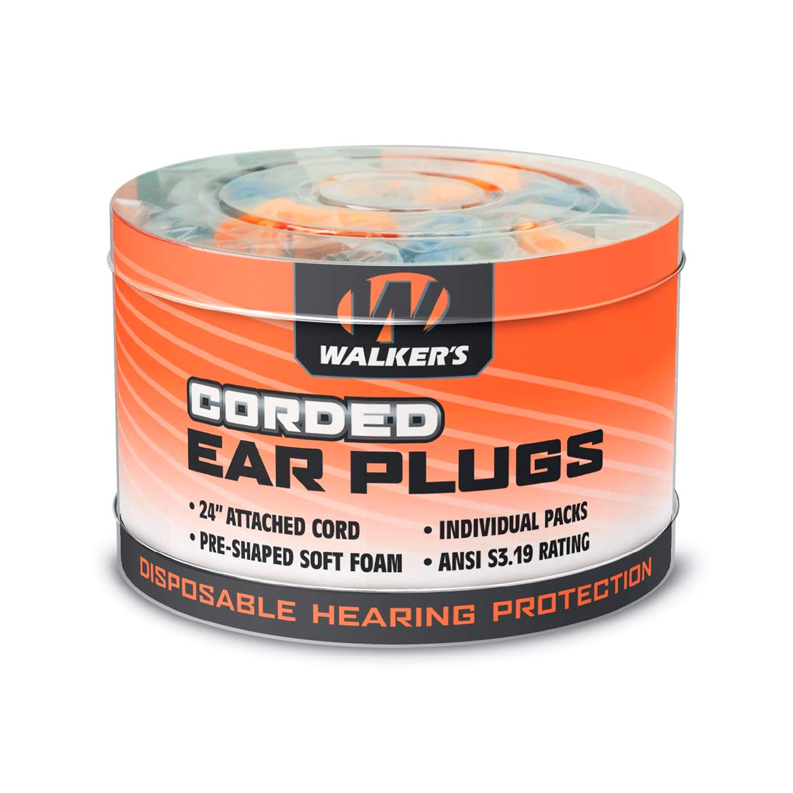 Walker's Corded Foam Earplugs 50 Pair Jar Dispenser Tub 32dB NRR Noise-Blocking ANSI S3.19 Hearing Protection Shooting