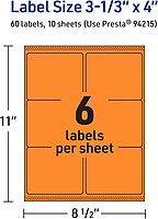 Avery Printable Rectangle Labels, Sure Feed Technology, 3-1/3 x 4, Bright Orange, Laser/Inkjet Printable