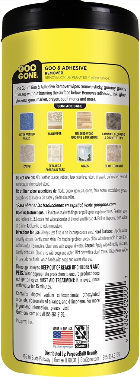 Goo Gone Clean Up Wipes Adhesive Remover - 24 Count - Removes Adhesive Residue Labels Stickers Crayon Tree Sap Gum Masking