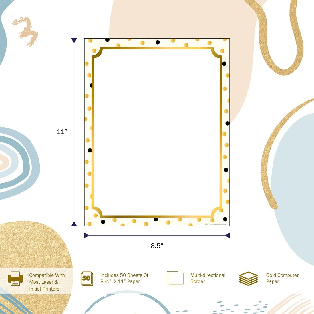 Barker Creek Designer Computer Paper, Gold, 8.5” x 11”, Decorative Printer Paper, Stationery, 50 Sheets per Pkg, Home