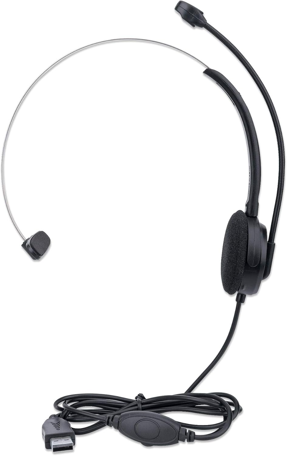 MANHATTAN USB Headset with Mic & 5 ft Cable - Cushion Mono/Single-Sided, On-Ear, in-line Volume Control