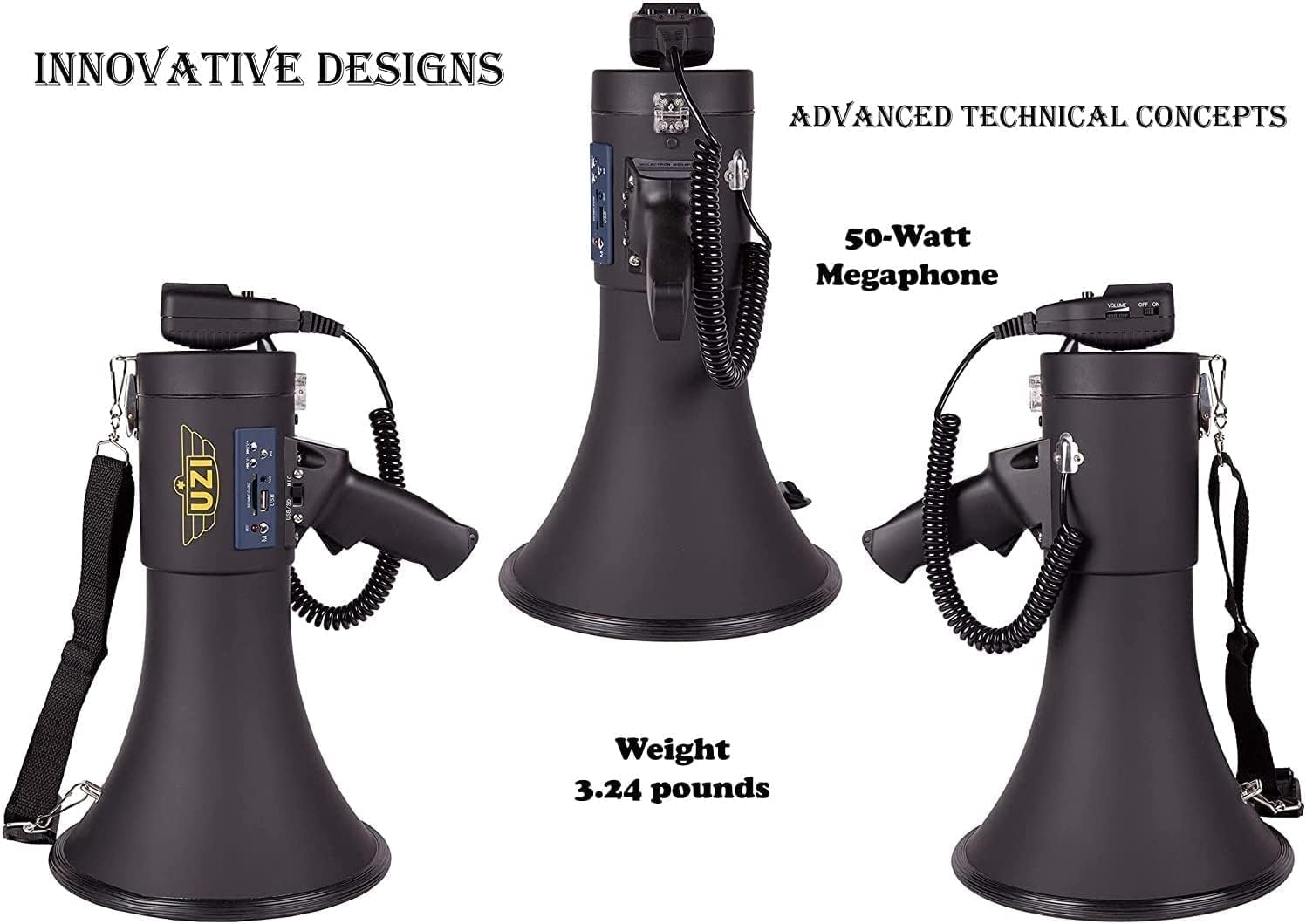 Uzi High Power Loud Big Megaphone 50W, Bluetooth, Real Siren, Bullhorn, Rechargeable Battery, Portable Professional Speaker
