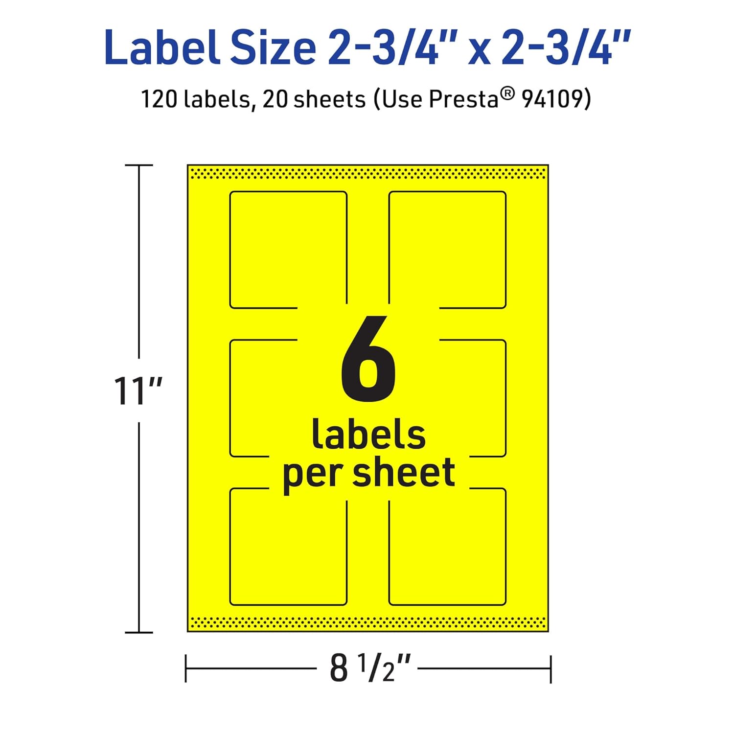 Avery Printable Square Labels, Sure Feed Technology, 2-3/4" x 2-3/4", Neon Yellow, Print-to-The-Edge, Laser/Inkjet
