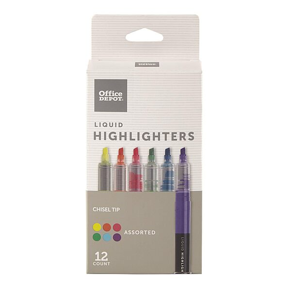 Office Depot Brand(R) Liquid Ink Highlighters With Chisel Tips, Assorted Colors, Pack Of 12, OD24660