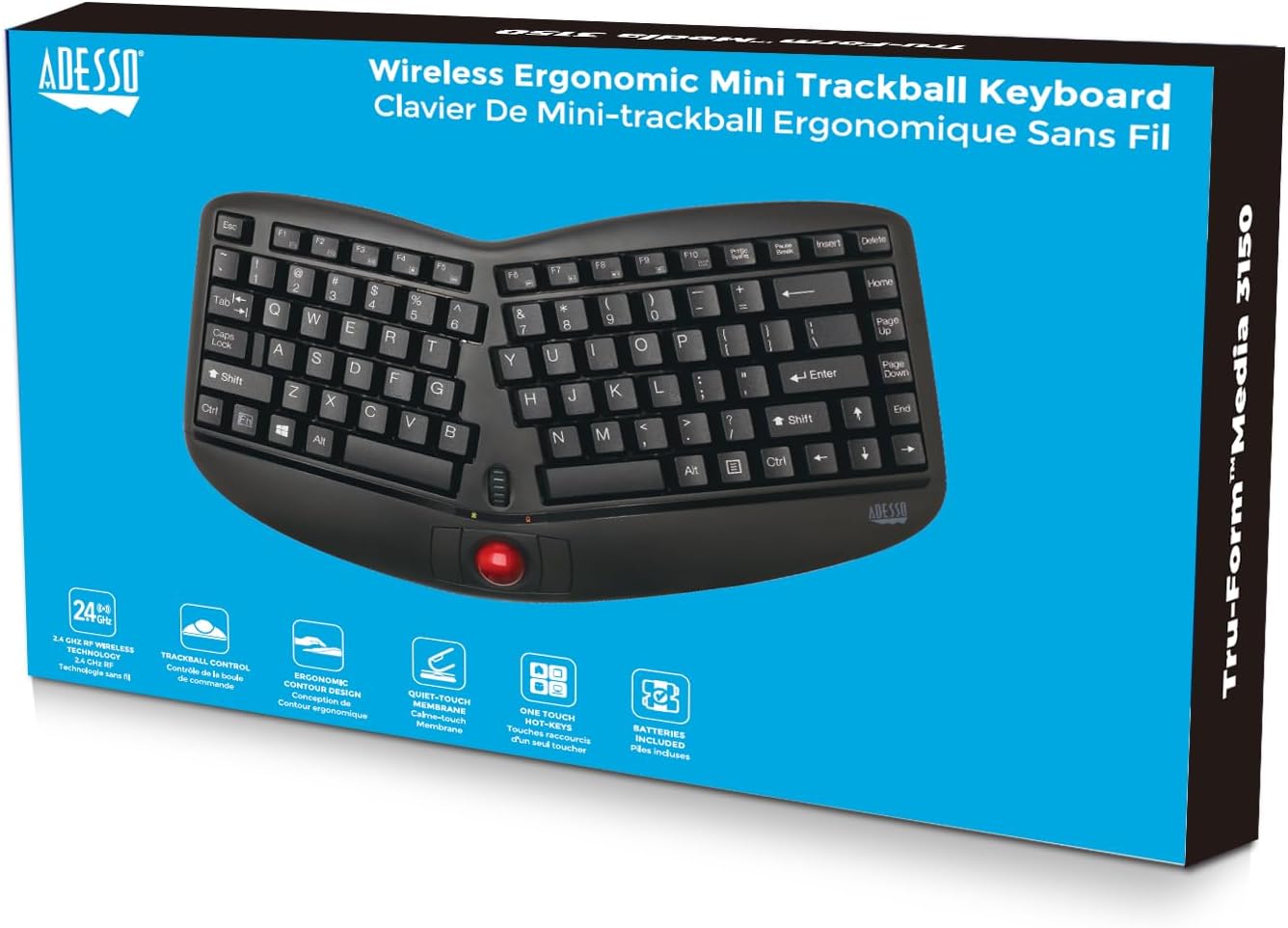 WKB-3150UB - Wireless Ergonomic Keyboard with Built-in Removable Trackball and Scroll Wheel, Split Key, Long Battery Life