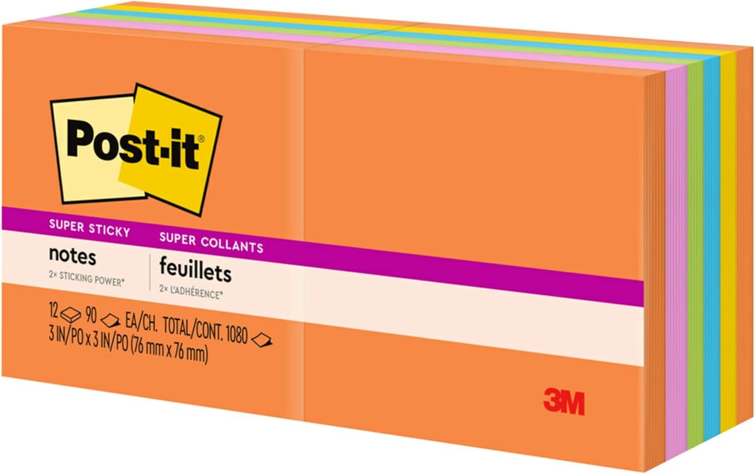 Post-it Super Sticky Notes, 3x3 in, 12 Pads, 2X The Sticking Power, Energy Boost Collection, Bright Colors (Orange, Pink