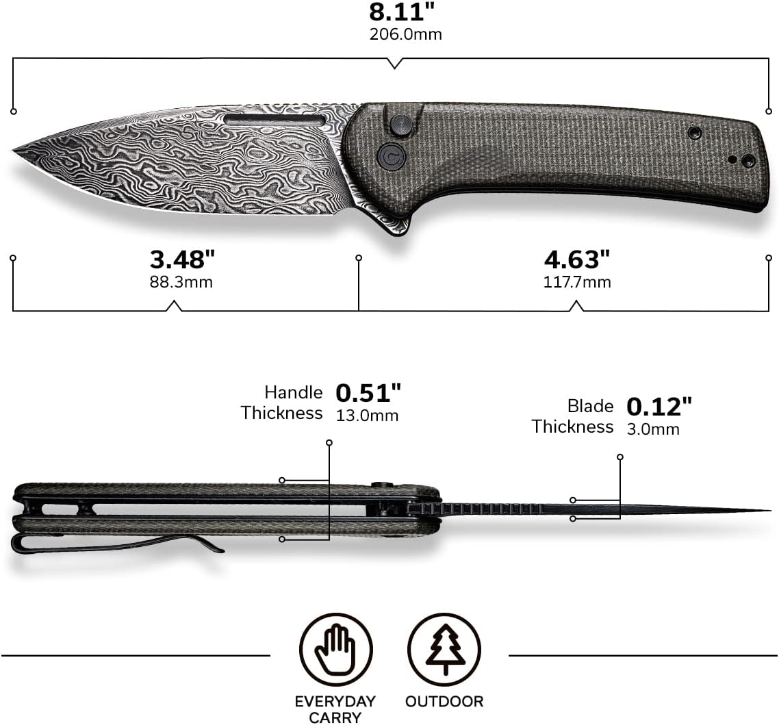 CIVIVI Conspirator Pocket Folding Knife 3.48in Blade, Micarta Handle, Button Lock