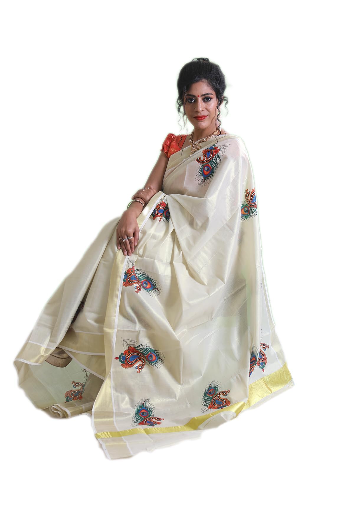 Women's Kuthampully Kerala Kasavu Saree Tissue Mural Painted | Traditional South Indian Saree | Kerala Saree - Multi Color EKM-637