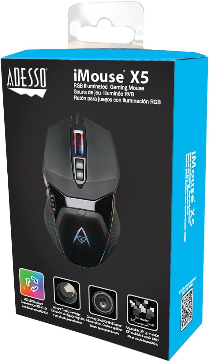 iMouse X5 USB RGB Illuminated Gaming Mouse – 7 Buttons, Adjustable Weight, 6 Level DPI Switch up to 6400, Optical Sensor