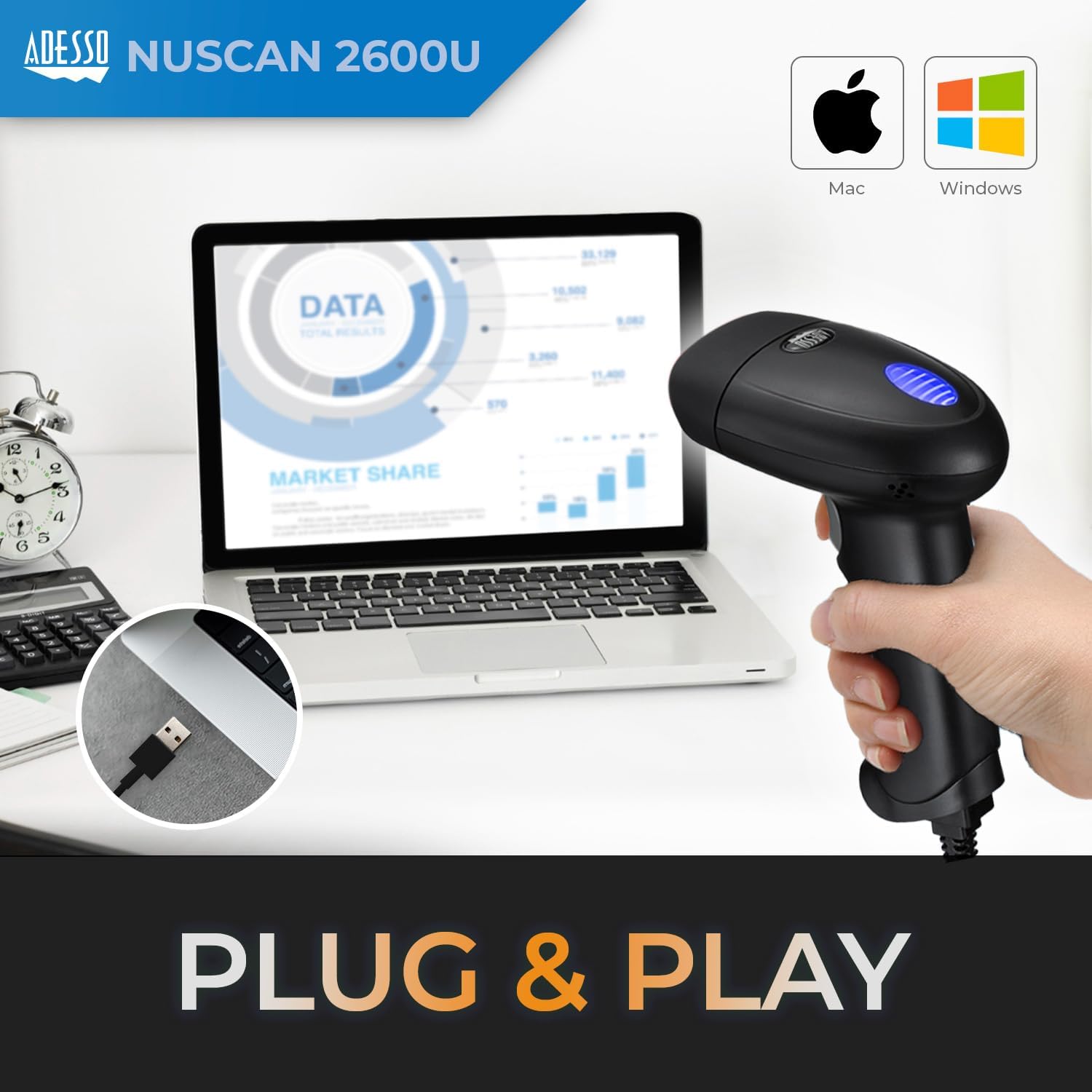 NuScan 2600U 2D Barcode Scanner with Superior Scanning Performance - USB & Serial Port Interface