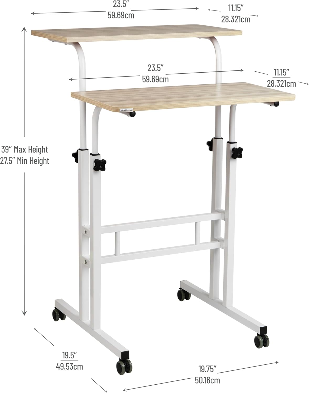 Mind Reader Standing Desk, Adjustable Height, Computer Desk, Laptop Desk, Portable, Rolling, 38"L x 21.25"W x 45.25"H, White