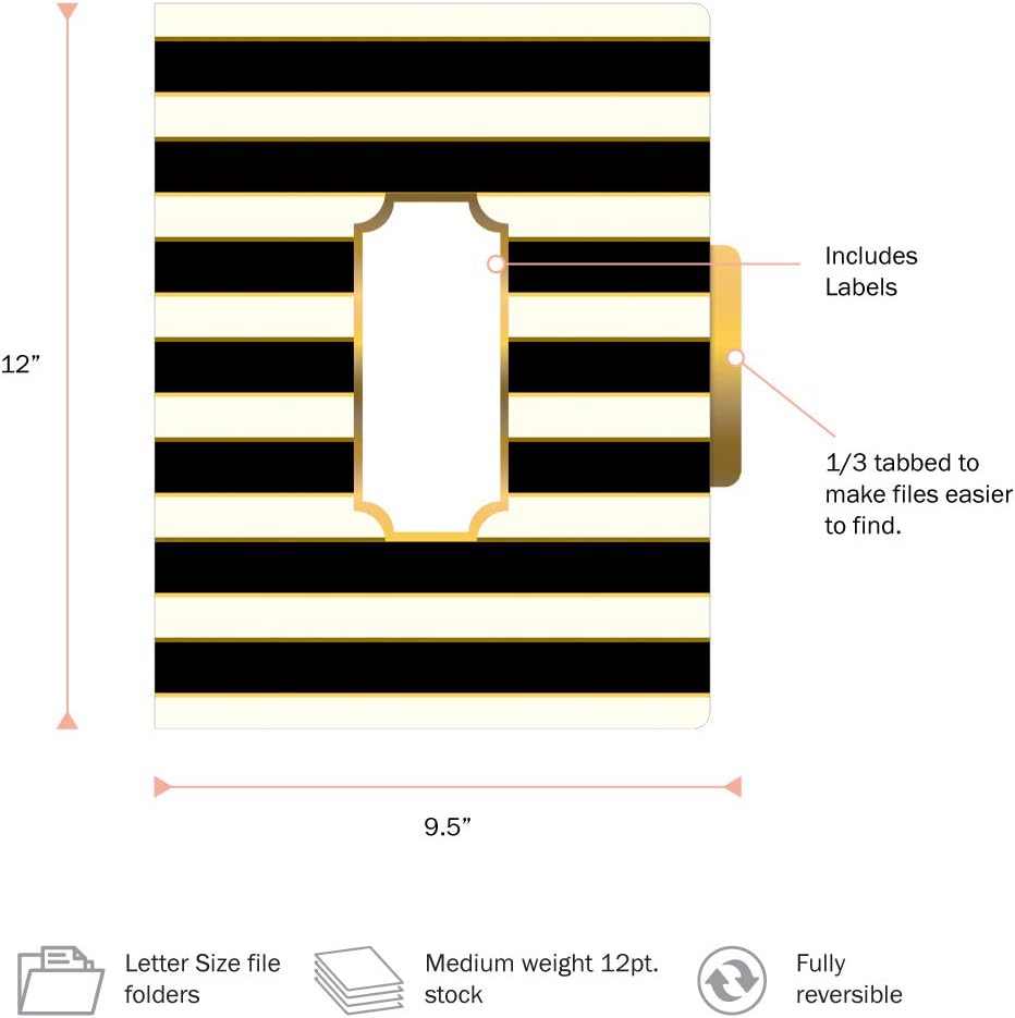 BARKER CREEK Designer File Folders Set of 12, Gold, Multi-Design Set with Gold on Outside, Cream on Inside