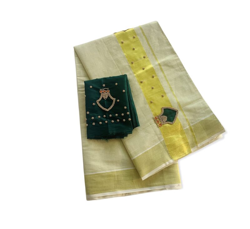ALLUVY Kuthampully Kerala Kasavu Sarees For Women | Handcrafted Palakka Aari work Kerala Sarees | Tissue Onam Saree With Running Blouse | South Indian Sarees | EKM-668 (Dark Green)