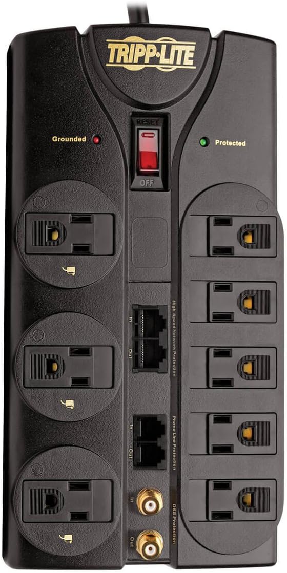 Tripp Lite 8 Outlet Surge Protector Power Strip, 10ft Cord, Right-Angle Plug, Tel/Modem/Coax/Ethernet Protection, RJ11, RJ45