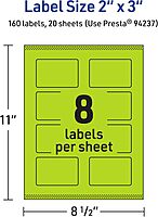 Avery Printable Rectangle Labels, Sure Feed Technology, 2" x 3", Bright Green