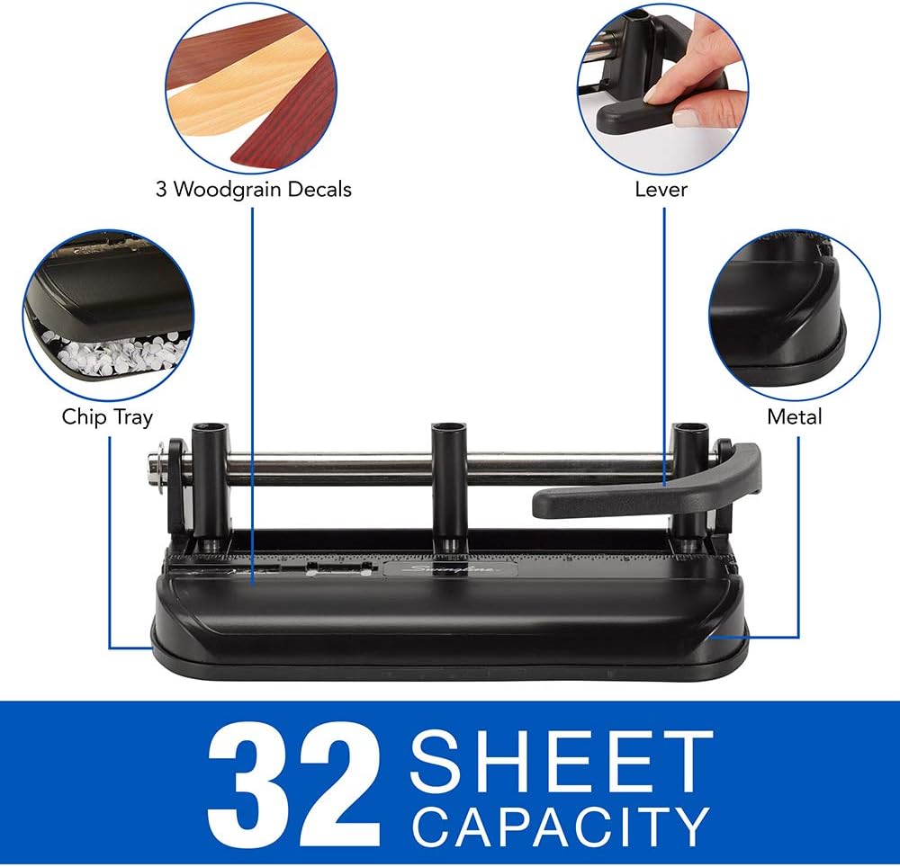 Swingline 3 Hole Punch Heavy Duty, 32 Sheet Capacity Three Hole Puncher 3 Ring, Adjustable 2-7 Hole Paper Punch