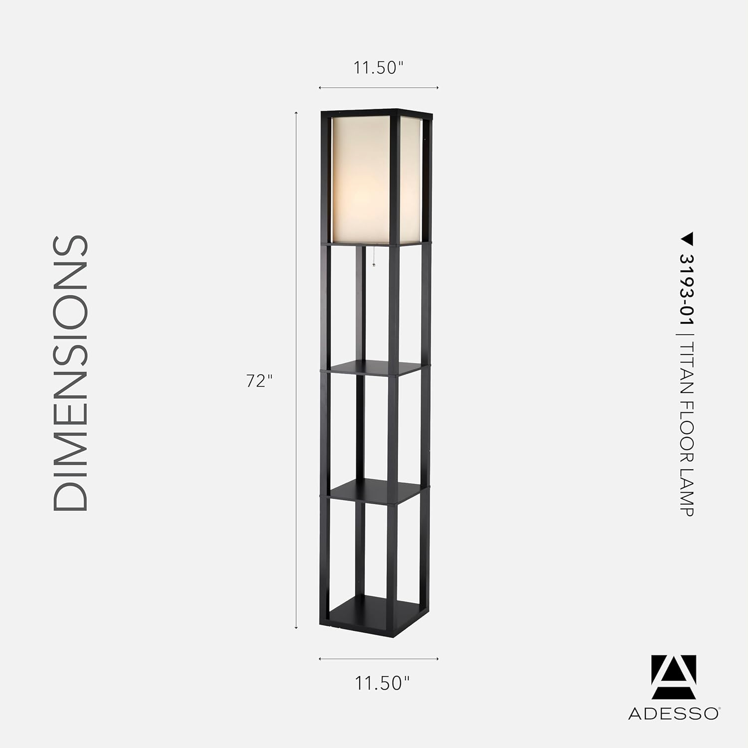 Adesso Square Floor Lamp with 3-Tier Open Shelves, Black Base, Fabric Shade, 72” T x 10.5” W, Extended Length Cord