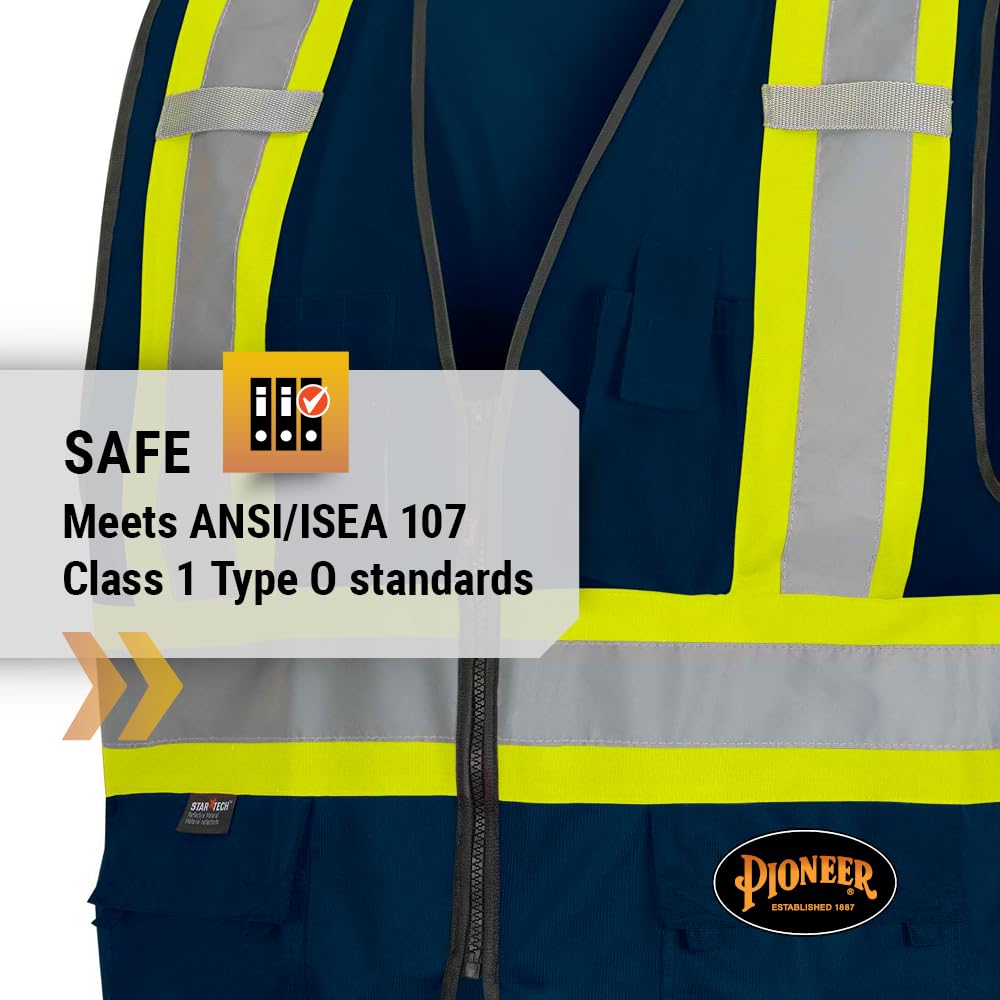 Pioneer Hi-Vis Reflective Safety Vest, Solid Neon, 8 Pockets, Zipper, Adjustable