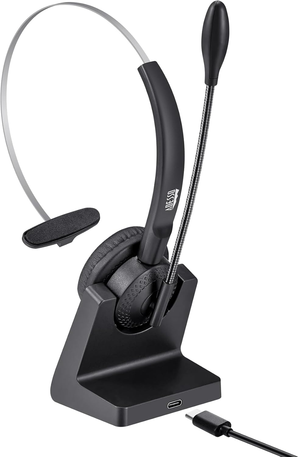 ADESSO Xtream P300 Bluetooth Single Ear Headset with Charging Dock 14 Hour Talk Time Wireless Office Headphone